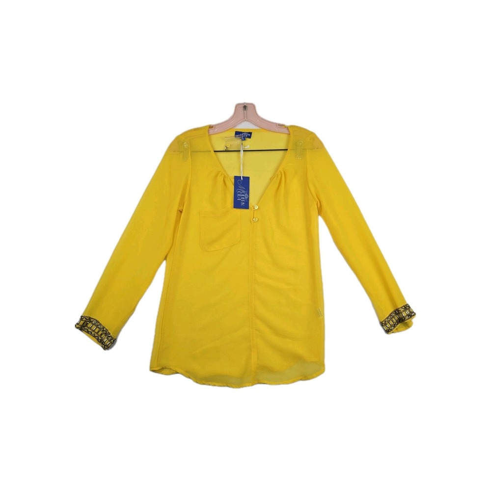 Modern Moda Women's Size Small Yellow‎ Sheer V Neck Button Shirt New